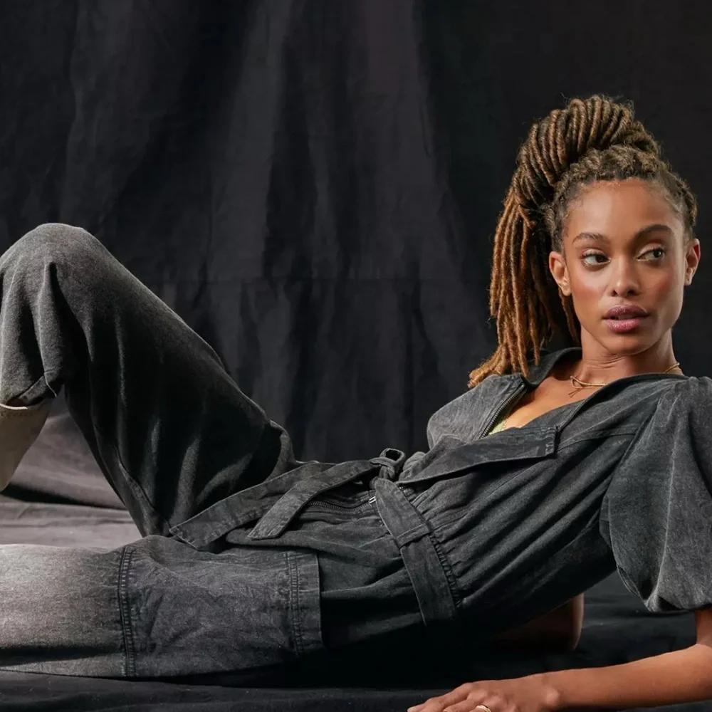 Anthropologie Othilia Acid Wash Puff Sleeve Utility Jumpsuit Charcoal Gray M - Picture 5 of 16